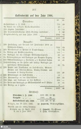 Kassenbericht auf das Jahr 1906