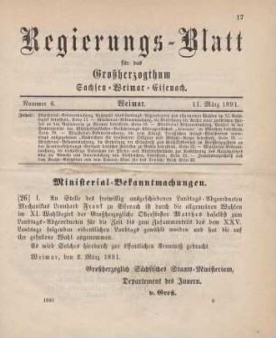 26. Ministerial-Bekanntmachung, die Nachwahl eines Landtags-Abgeordneten aus allgemeinen Wahlen im XI. Wahlbezirk betreffend