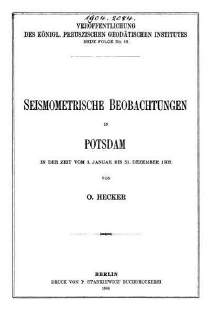 16: Seismometrische Beobachtungen in Potsdam in der Zeit vom 1. Januar bis zum 31. Dezember 1903