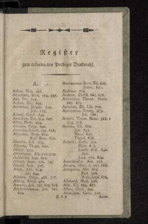 Register zum reformirten Prediger Denkmahl.