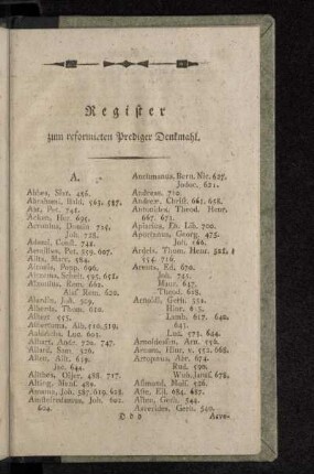 Register zum reformirten Prediger Denkmahl.