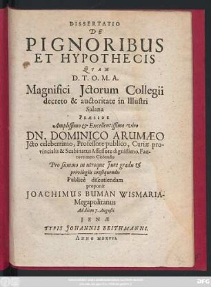 Dissertatio De Pignoribus Et Hypothecis