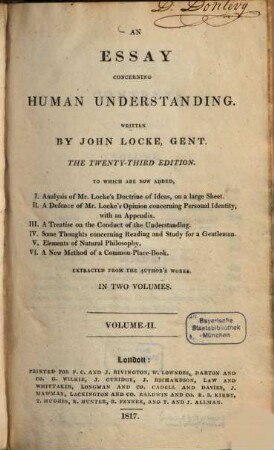 An Essay Concerning Human Understanding : In 2 volumes. 2. - 7 Bl., 459 S., 12 Bl.