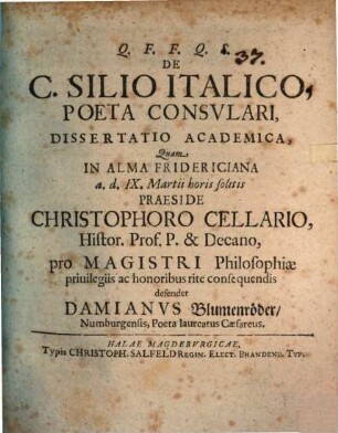 De C. Silio Italico, poeta consvlari, dissertatio academica