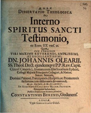 Dissertatio Theologica De Interno Spiritus Sancti Testimonio : ex Rom. IIX. vers. 16.