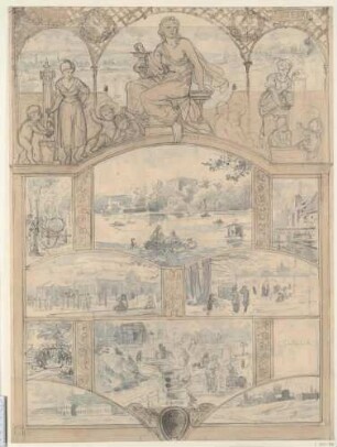 Festschrift anlässlich der Ernennung des Bürgermeisters Lothar Streit (1823-1898) zum Ehrenbürger der Stadt Zwickau, Entwurf zu Blatt 4 mit neun Stadtansichten, Allegorie der Gesundheit und Putten in reicher Rahmung