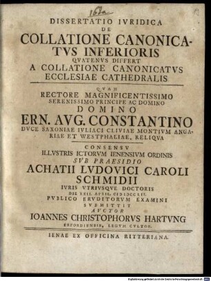 Dissertatio Ivridica De Collatione Canonicatvs Inferioris Qvatenvs Differt A Collatione Canonicatvs Ecclesiae Cathedralis