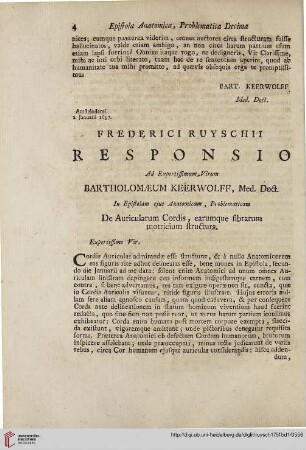 Frederici Ruyschii responsio ad expertissimum virum Bartholomaeum Keerwolff […]
