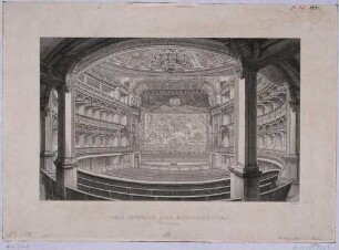 Innenansicht der ersten Semperoper (Hoftheater) in Dresden aus der Mittelloge zur Bühne mit dem Schmuckvorhang von Julius Hübner mit Allegorien von Dichtung und Liebe und einem Fries mit Szenen aus verschiedenen Dichtungen (unten)
