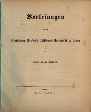 Vorlesungsverzeichnis für das .... 1860/61. WH