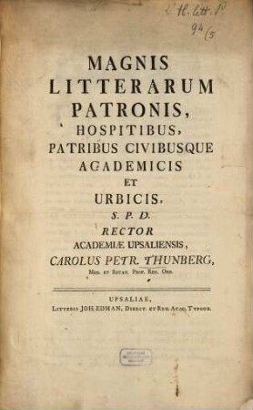 Magnis litterarum patronis, hospitibus ... : [Programma invitatorium ad orationem inaugurale Johanni Afezlio: Hisoriolam chemiae publice in Reg. Academia Upsaliensi instauratae ac traditae]