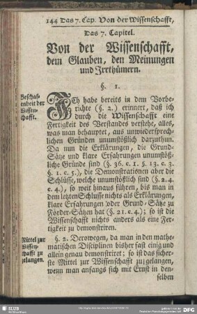 Das 7. Capitel. Von der Wissenschaft, dem Glauben, den Meiungen und Irrthümern