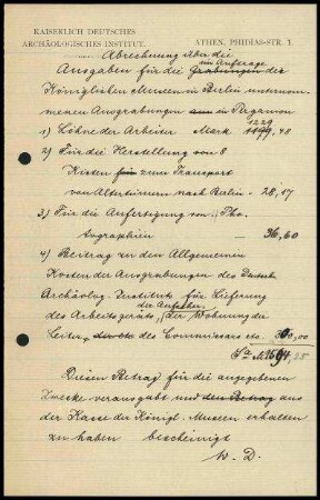 Abrechnung der Ausgaben für die Pergamon-Grabung
