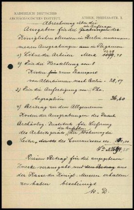 Abrechnung der Ausgaben für die Pergamon-Grabung