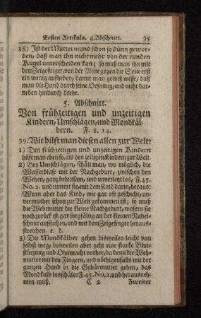 5. Abschnitt. Von frühzeitigen und unzeitigen Kindern, Umschlägen,und Mondkälbern. F. 8. 14.