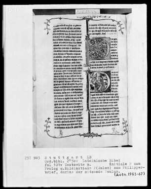 Lateinische Bibel, drei Bände — Initiale P (aulus) mit thronendem Paulus, Folio 101verso