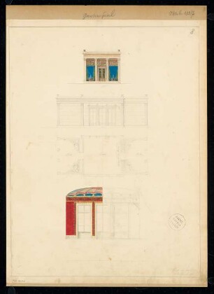 Gartensaal Monatskonkurrenz Oktober 1827: Grundriss Erdgeschoss, Aufriss Vorderansicht, Seitenansicht, Innenansicht des Salons; Maßstabsleiste