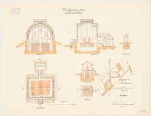 Meridiankreishaus der Christian-Albrechts-Universität Kiel: Lageplan 1:2000, Grundriss, Querschnitte, Längsschnitt, 1:100