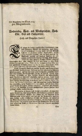 1r-2v; 1-6, Hochwürdig- Hoch- und Wohlgebohrne, Hoch-Edle, Vest und Hochgelehrte, Hoch- und Vielgeehrte Herren!