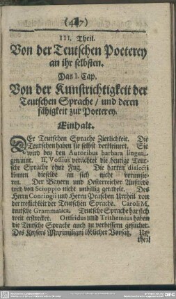 III. Theil. Von der Teutschen Poeterey an ihr selbsten