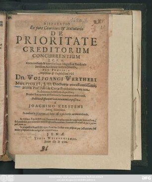 Disputatio Ex iure Communi & Statutario De Prioritate Creditorum Concurrentium