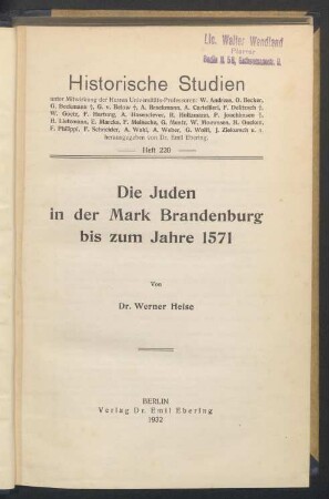 Die Juden in der Mark Brandenburg bis zum Jahre 1571