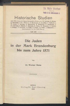 Die Juden in der Mark Brandenburg bis zum Jahre 1571