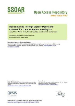 Restructuring Foreign Worker Policy and Community Transformation in Malaysia