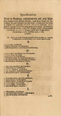 Specification Derer in Augspurg aufgestandenen und nach Friedberg ausgetretenen Schuh-Knechte, nach ihren Tauff und Zu-Nahmen, ...