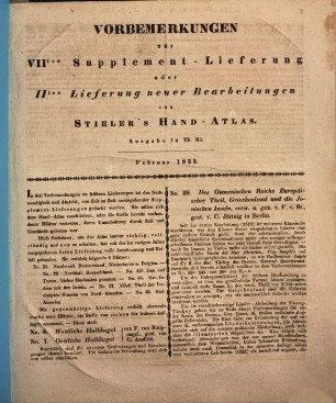 Vorbemerkungen zur VIIten Supplement-Lieferung oder IIten Lieferung neuer Bearbeitungen von Stieler's Hand-Atlas, Ausgabe in 75 Bl. : Februar 1833