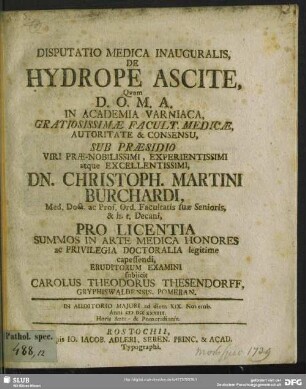 Disputatio Medica Inauguralis De Hydrope Ascite : In Auditorio Majori ad diem XIX. Novemb. Anni M DCC XXXIII ...