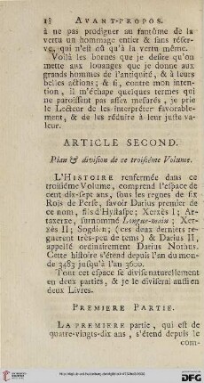 Article second: Plan & division de ce troisième Volume