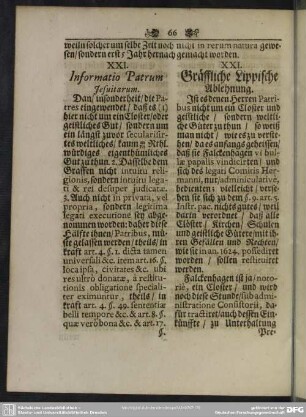 XXI. Informatio Patrum Jesuitarum - XXI. Gräffliche Lippische Ablehnung