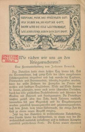 Wie rächen wir uns an den Kriegs-Wucherern? : Ein Frontgespräch