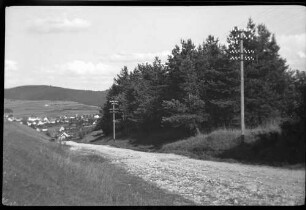 Alte Steige, Blick auf Gammertingen, alter Verkehrsweg bis 1862, seit 1980 nur noch Wohnstraße, hölzerne Telegrafenmasten