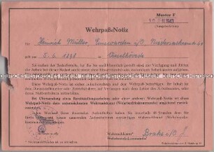 Bescheinigung des Wehrmeldeamtes Brake zur Unabkömmlichstellung von Heinrich M.