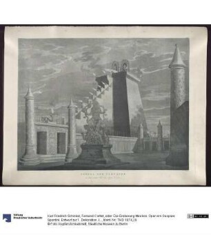 Fernand Cortez, oder: Die Eroberung Mexikos. Oper von Gaspare Spontini. Entwurf zur 1. Dekoration. Indianischer Feuertempel