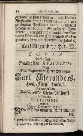 Copia Hoch-Fürstl. Gnädigsten Rescripti Von des Regierenden Herrn Herzogen Carl Alexanders, ...