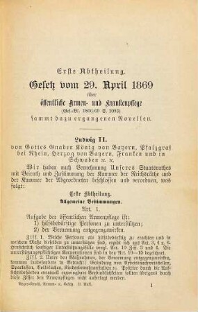 A. Reger's Handausgabe des Bayerischen Gesetzes über die öffentliche Armen- u. Krankenpflege : vom April 1869 ; mit Erläuterungen und den einschlägigen Vollzugsvorschriften