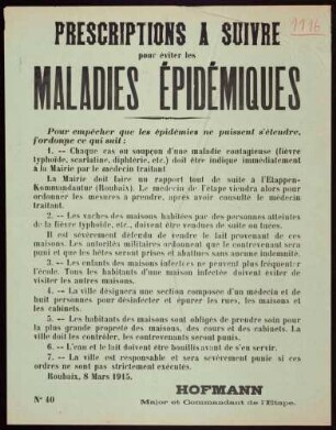"Prescription à suivre pour éviter les Maladies Epidémiques" (Nr. 40, Vorderseite, gedruckt)