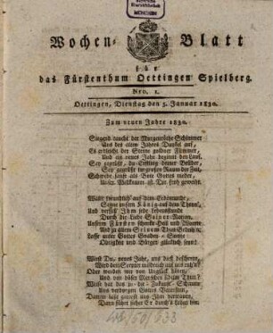 Wochenblatt für das Fürstenthum Oettingen-Spielberg : auf das Jahr .... 1830