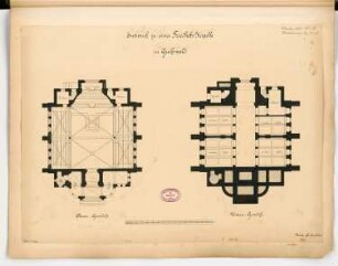 Friedhofskapelle, Greifswald Monatskonkurrenz Oktober 1883: Grundriss Keller, Erdgeschoss; Maßstabsleiste