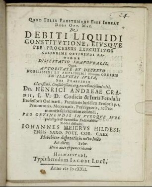 De Debiti Liquidi Constitutione, Eiusque Per Processus Executivos Celerrime Obtinendi Ratione Dissertatio Inauguralis