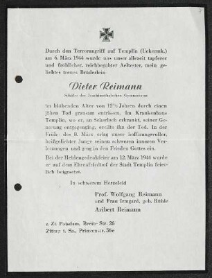Brief von Wolfgang Reimann, Irmgard Rühle und Aribert Reimann an Gerhart Hauptmann