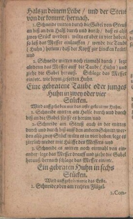 Eine gebratene Taube oder junges Huhn in zwey oder vier Stücken.