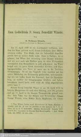Zum Gedächtnis D. Georg Benedikt Winers