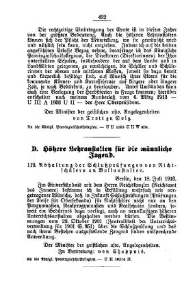 Abhaltung der Schlußprüfungen von Nichtschülern an Vollanstalten : [D. Höhere Lehranstalten für die männliche Jugend]