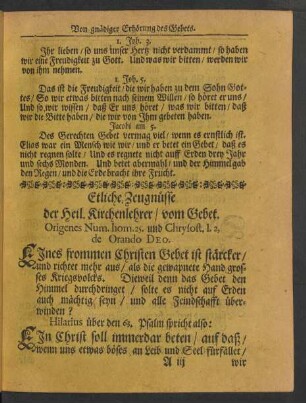 Etliche Zeugnüsse der Heil. Kirchenlehrer/ vom Gebet.