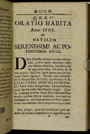 Oratio Habita. Anno 1707. In Natalem Serenissimi Ac Potentissimi Regis.