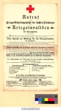 Originaltitel: Aufruf zu einer Herzogs-Geburtstagsspende der Sachsen-Altenburger für die Kriegsinvaliden im Herzogtume